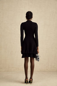 Fabienne Black Embellished Ruffled Knit Mini Dress