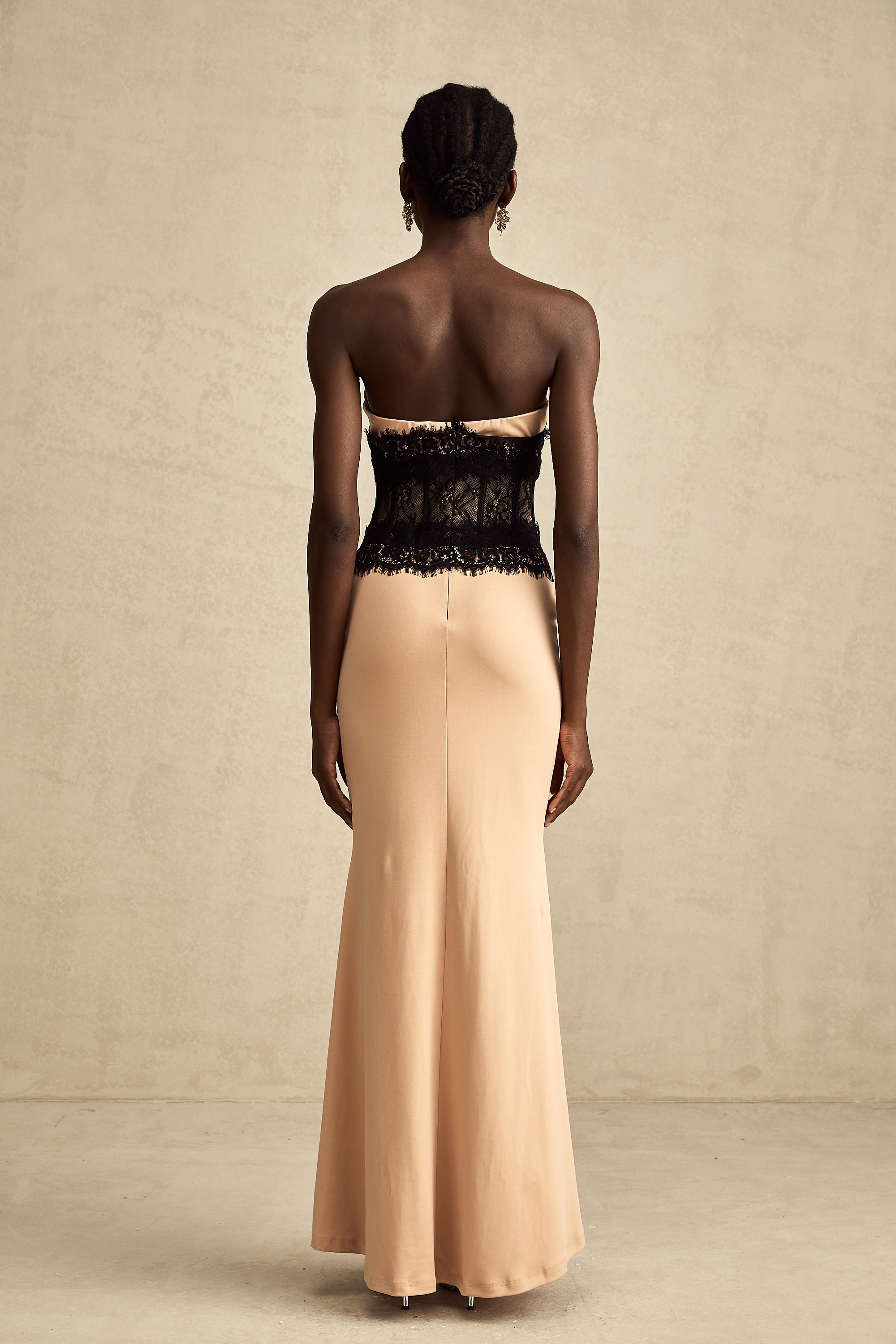 Delphine lace-panel off-shoulder corset maxi dress