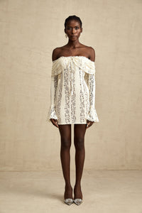 Émeline floral lace flared-cuff mini dress in Neutrals