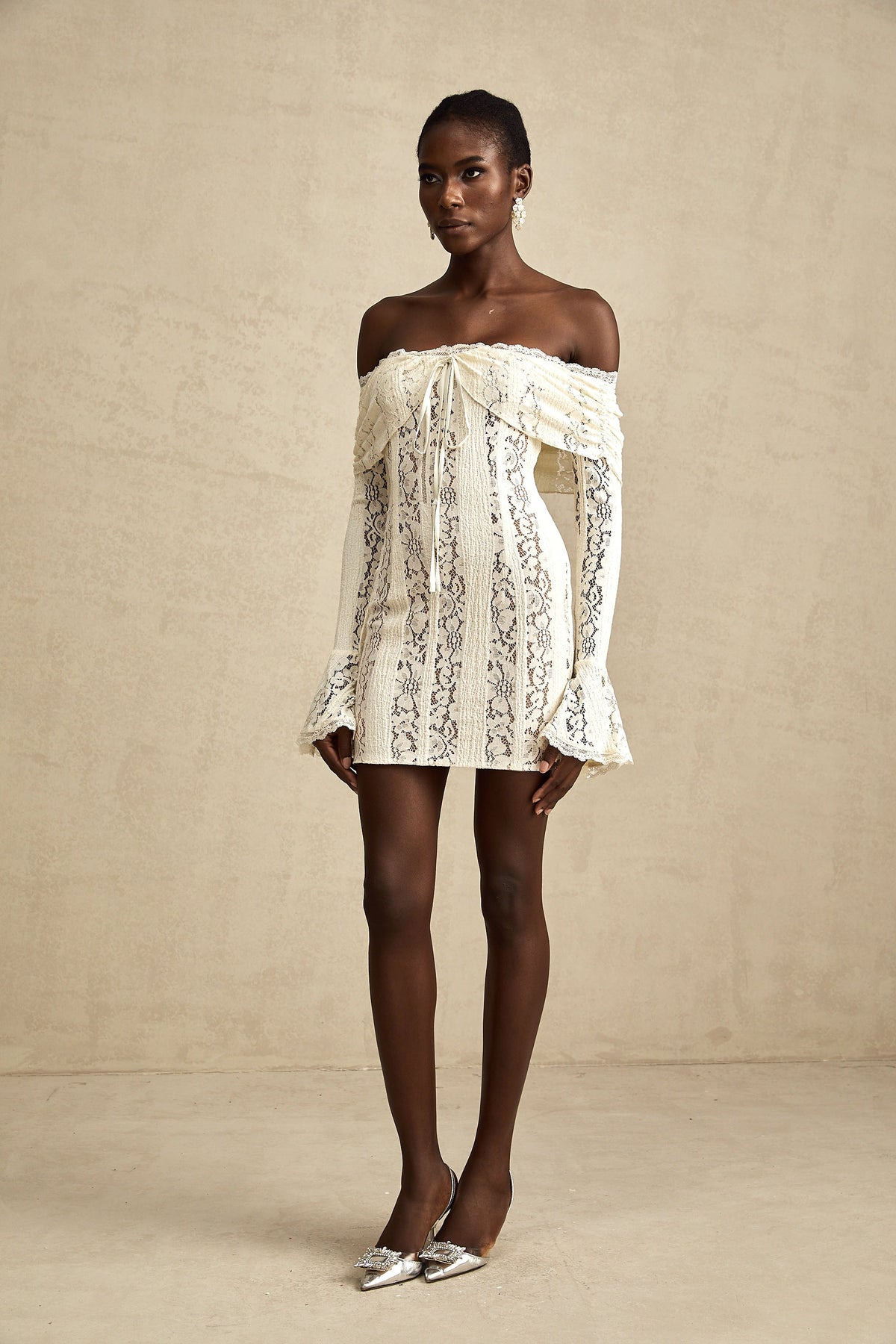 Émeline floral lace flared-cuff mini dress in Neutrals
