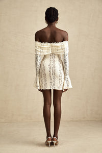 Émeline floral lace flared-cuff mini dress in Neutrals