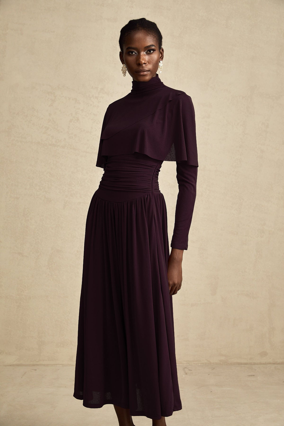 Camille Red Ruched Midi Dress with Flap Design Detail