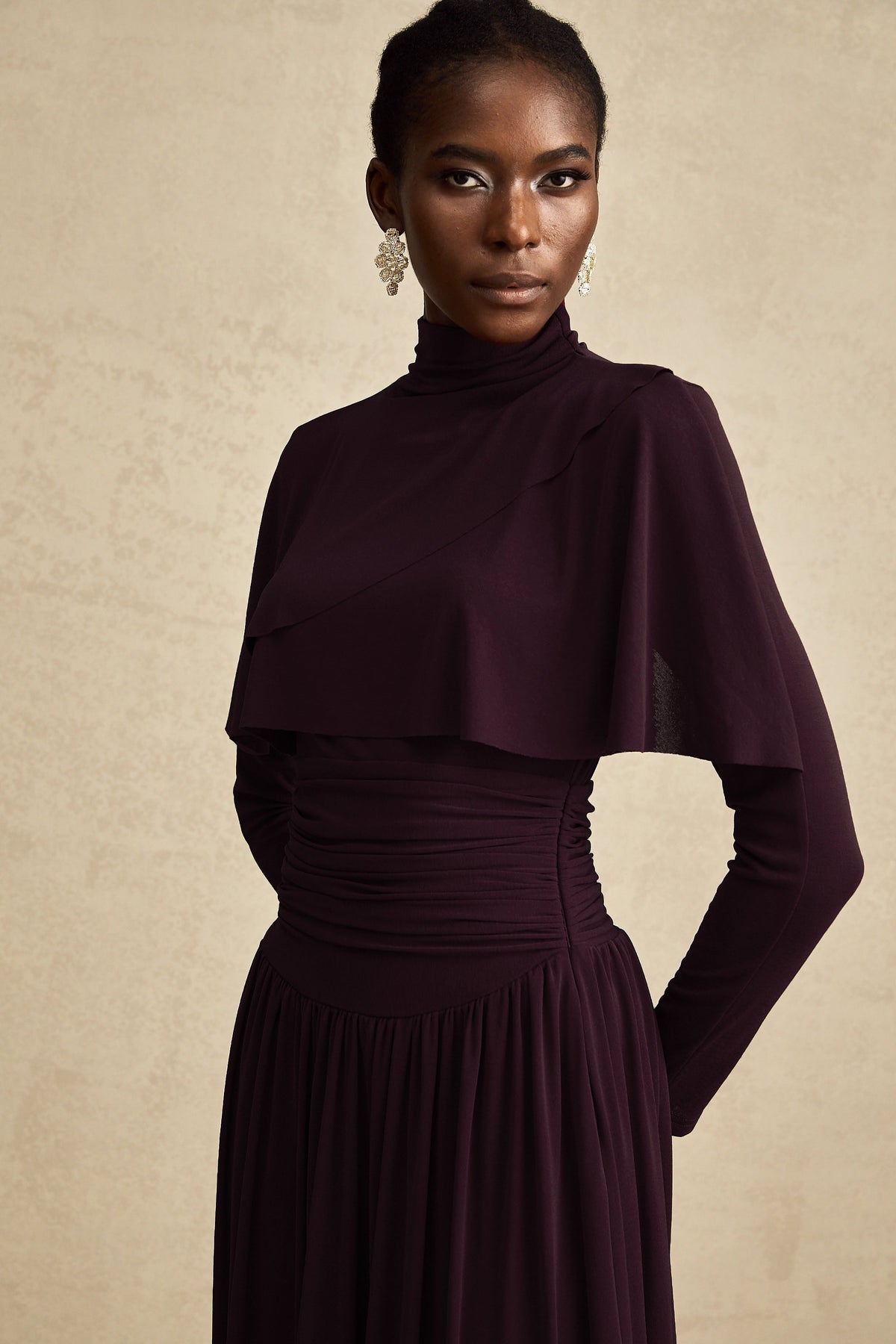 Camille Red Ruched Midi Dress with Flap Design Detail
