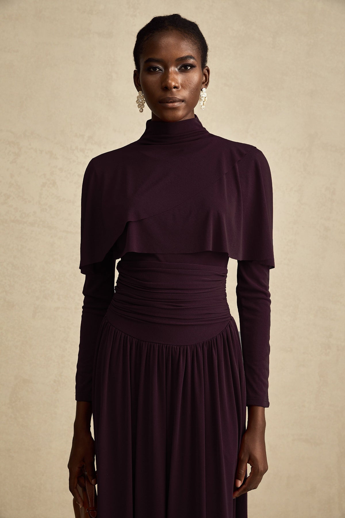 Camille Red Ruched Midi Dress with Flap Design Detail