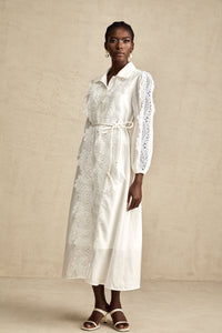 Colette white lace-detail tied-waist midi dress