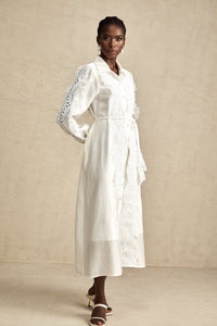 Colette white lace-detail tied-waist midi dress