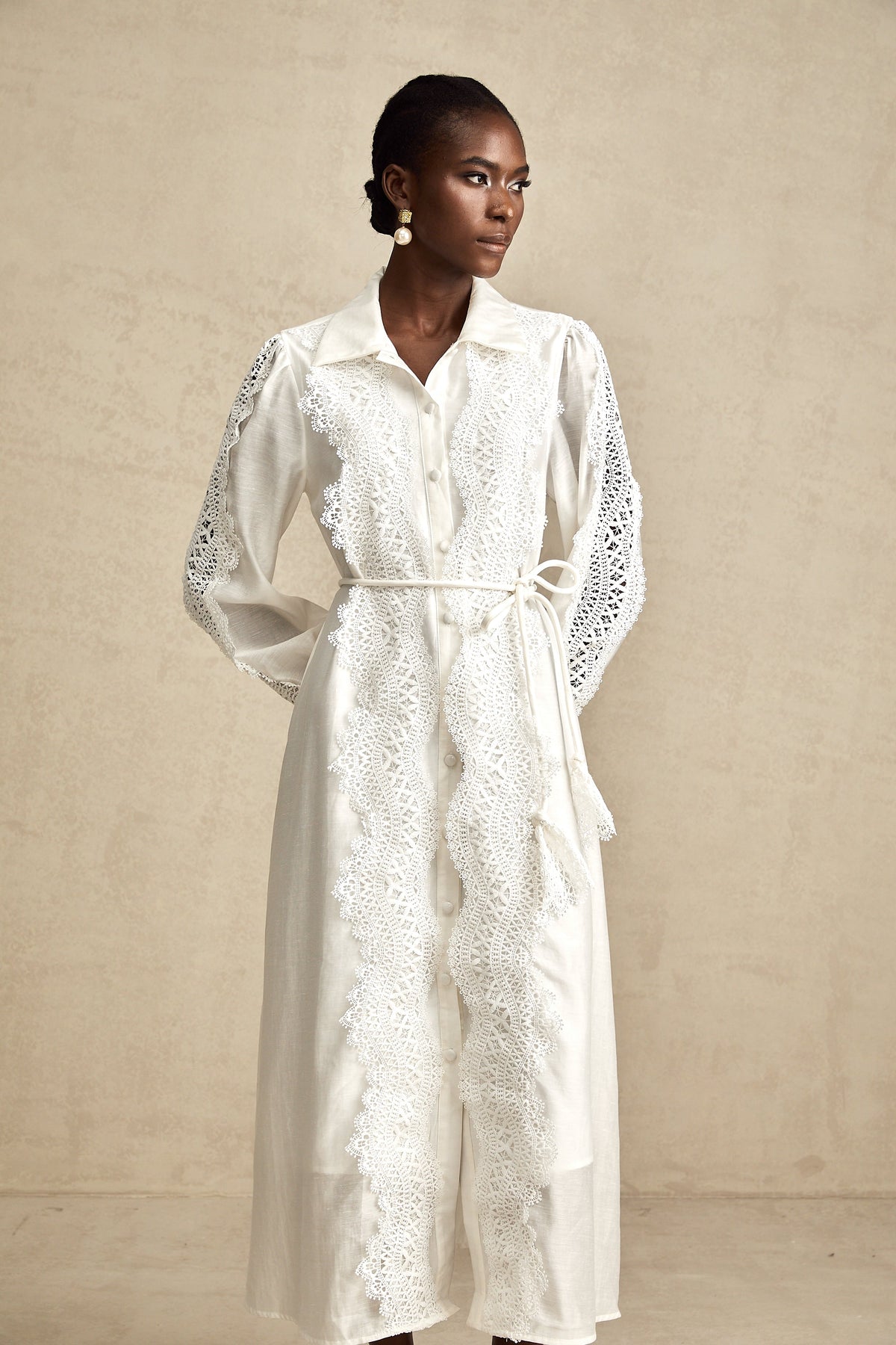 Colette white lace-detail tied-waist midi dress
