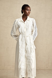 Colette white lace-detail tied-waist midi dress