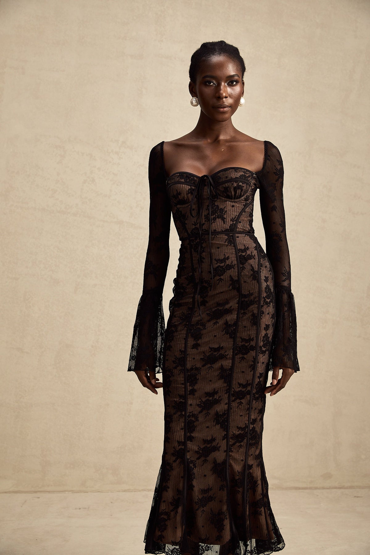 Marlene Black Flared Lace Maxi Dress