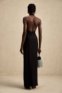 Camille black halterneck floral-lace maxi dress