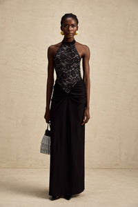 Camille black halterneck floral-lace maxi dress