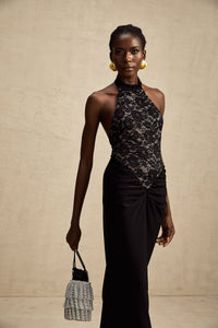 Camille black halterneck floral-lace maxi dress