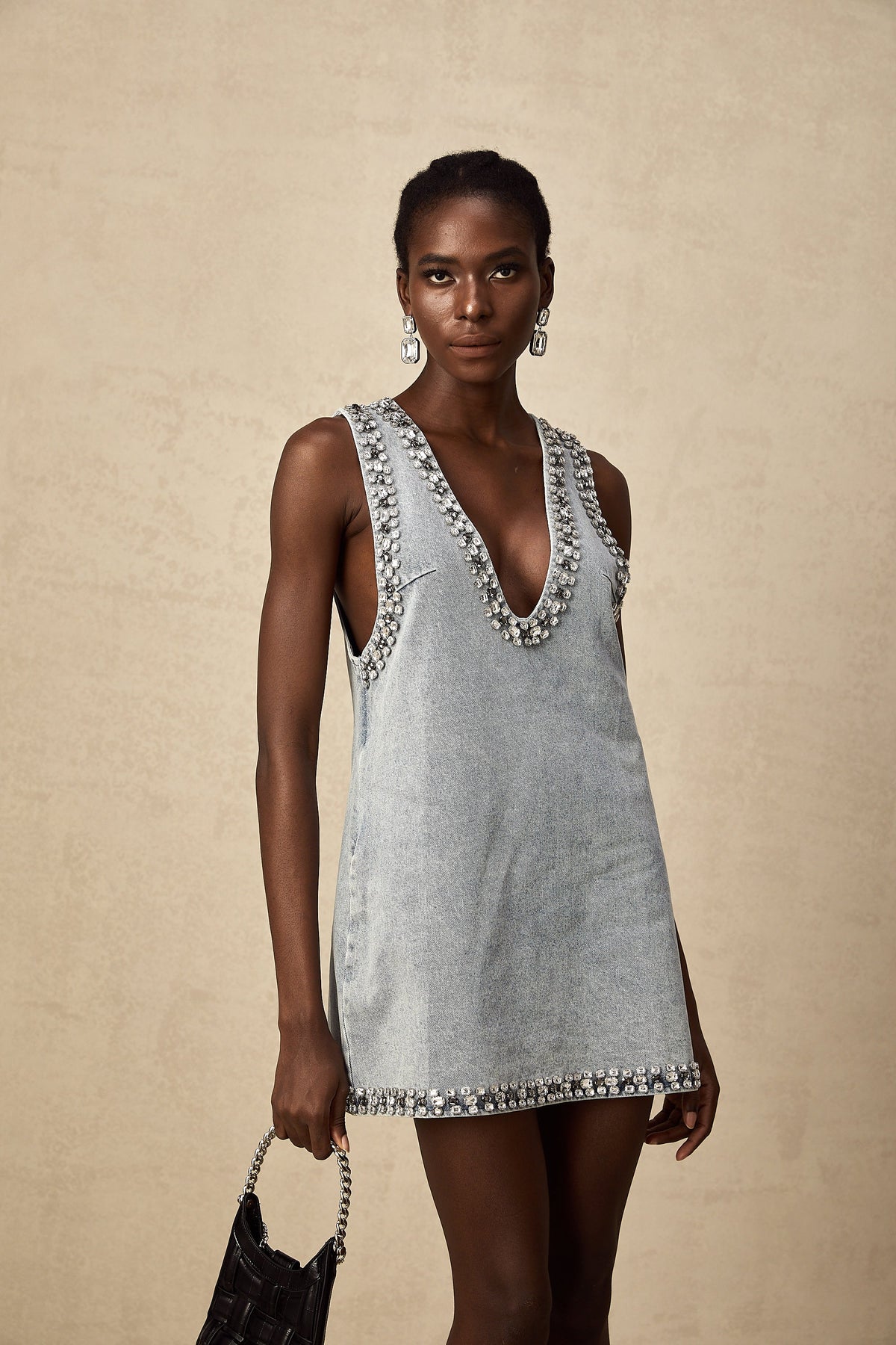 Daphné blue crystal sleeveless denim mini dress