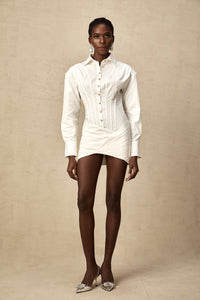 Orlane white cinched-waist pleated mini shirt dress