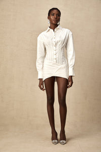 Orlane white cinched-waist pleated mini shirt dress