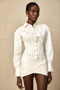Orlane white cinched-waist pleated mini shirt dress