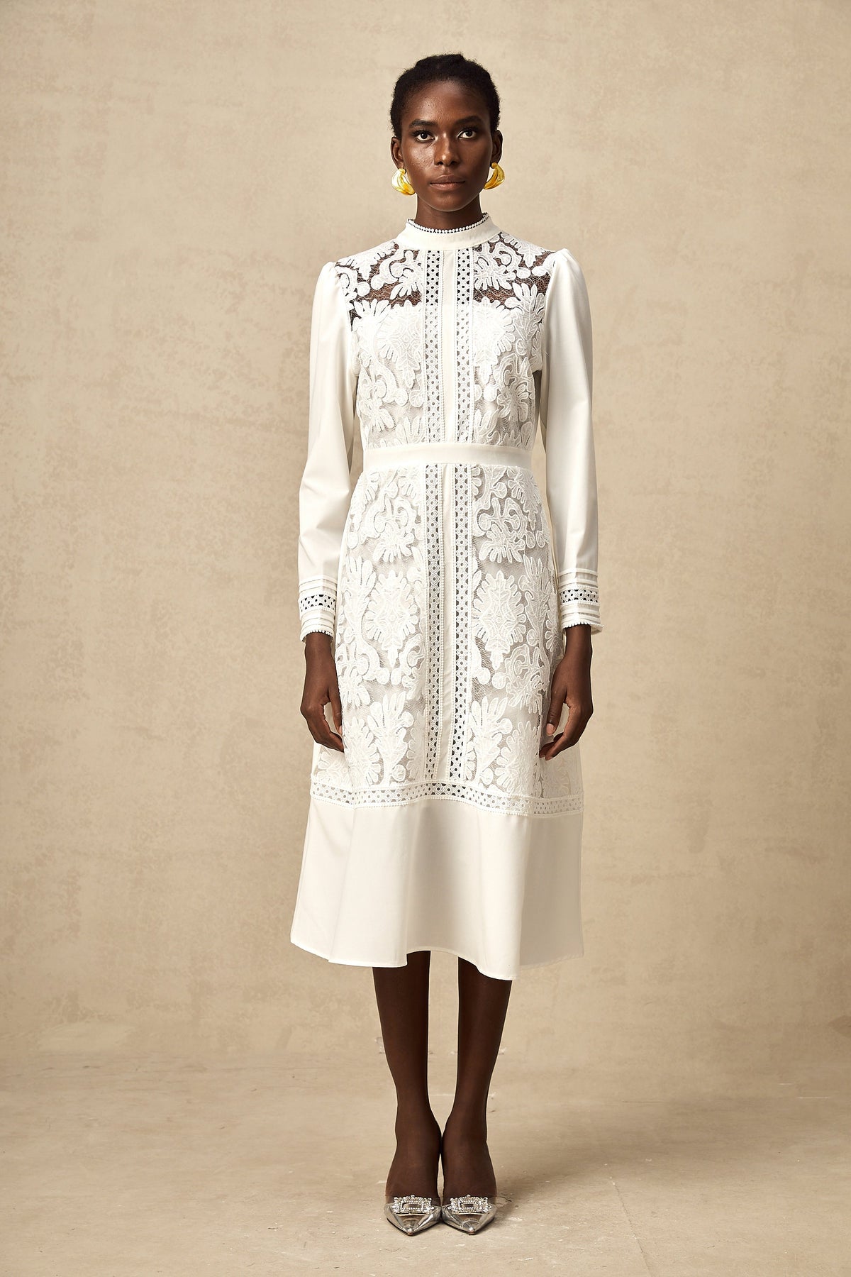 Madeleine white panelled embroidered midi dress