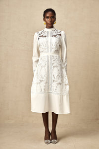 Madeleine white panelled embroidered midi dress