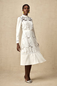 Madeleine white panelled embroidered midi dress