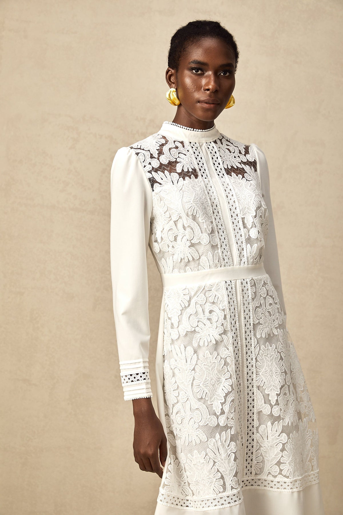 Madeleine white panelled embroidered midi dress