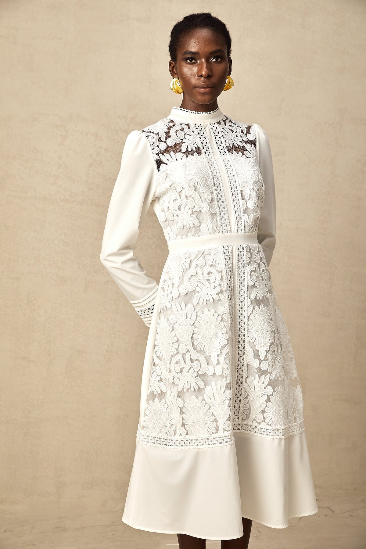 Madeleine white panelled embroidered midi dress