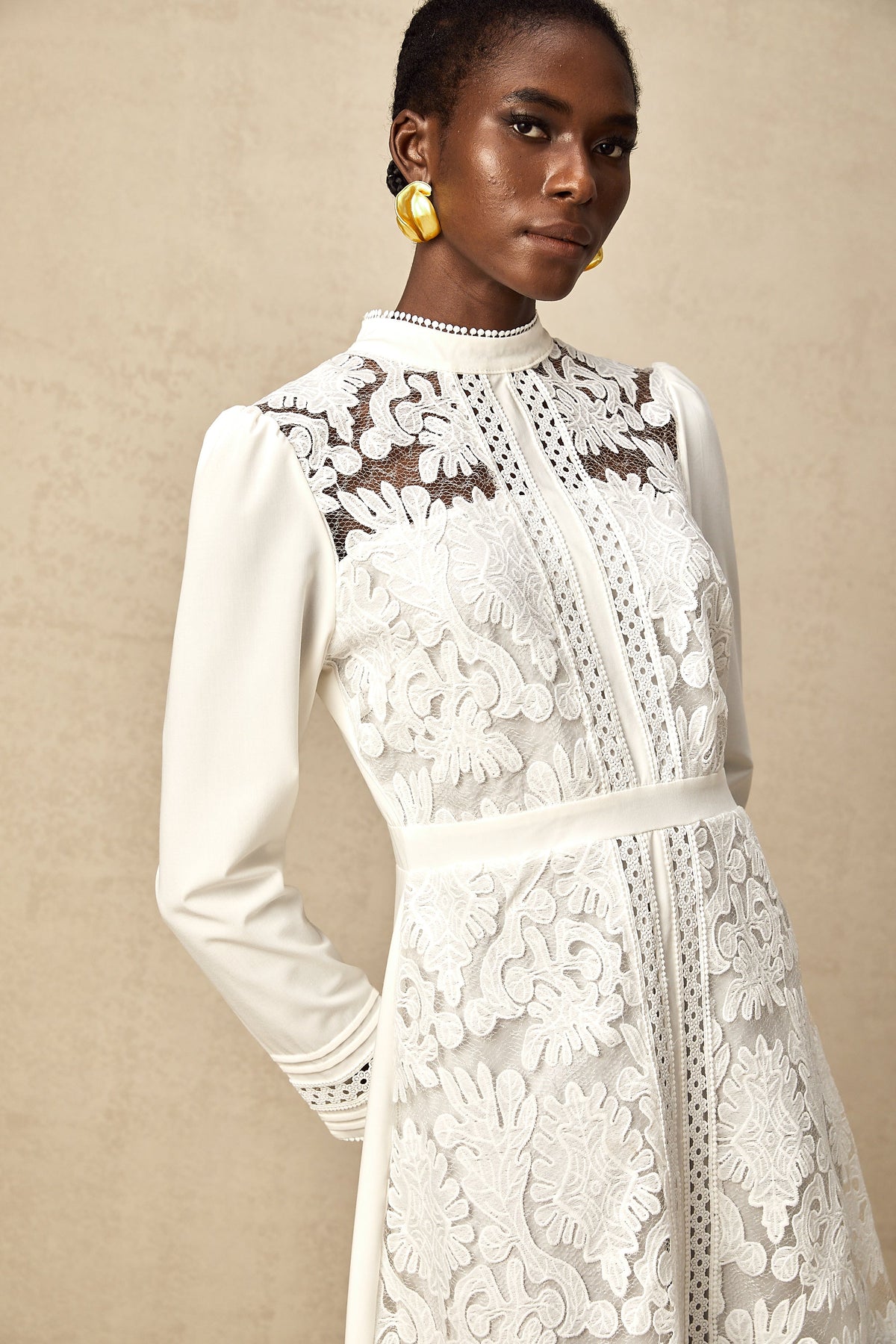 Madeleine white panelled embroidered midi dress