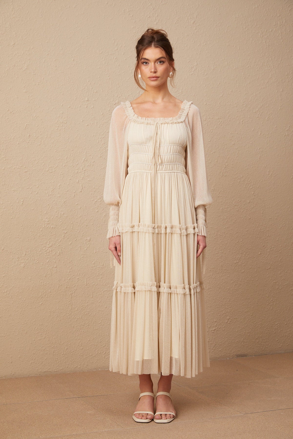 Camille pleated shirred metallic midi dress