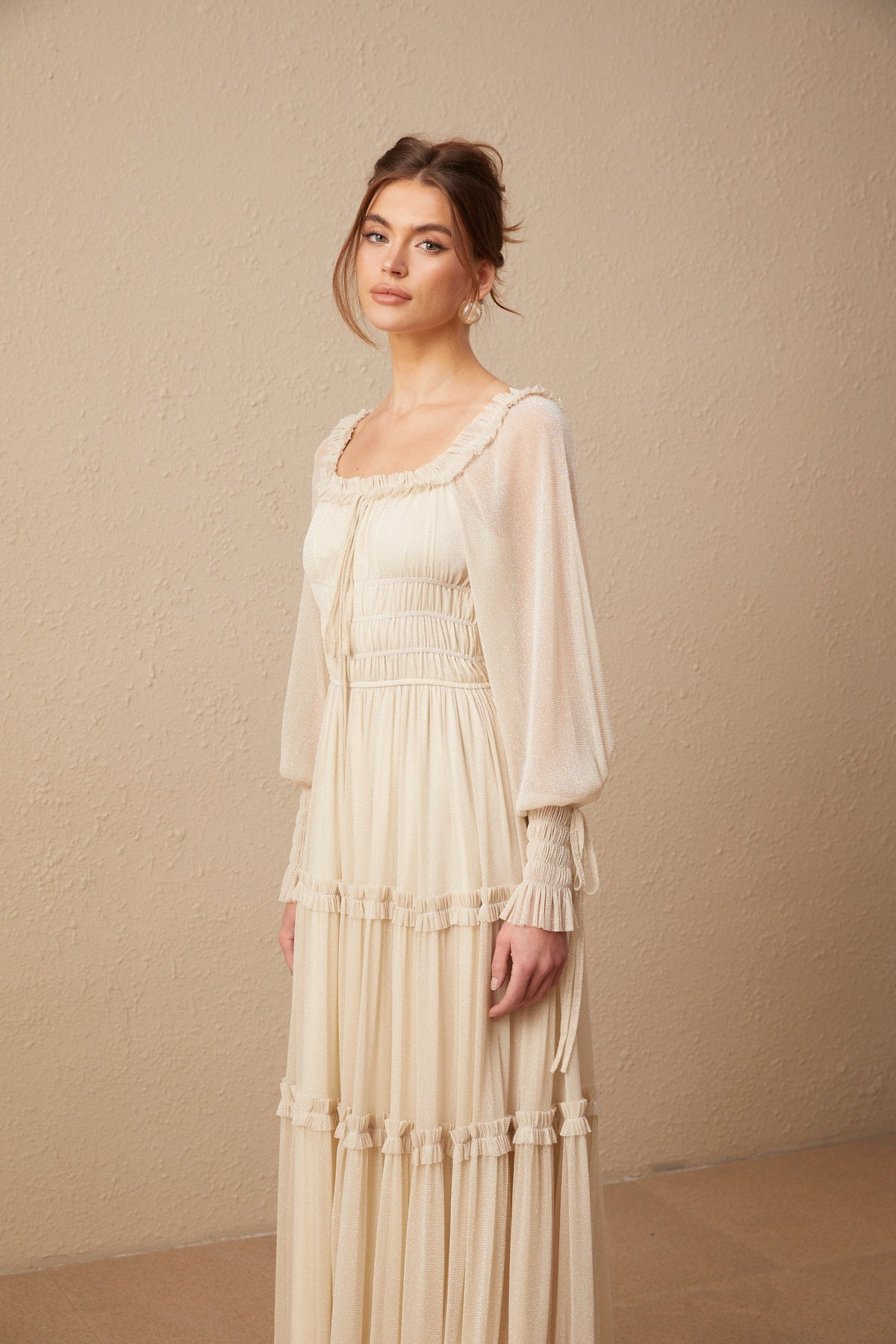 Camille pleated shirred metallic midi dress