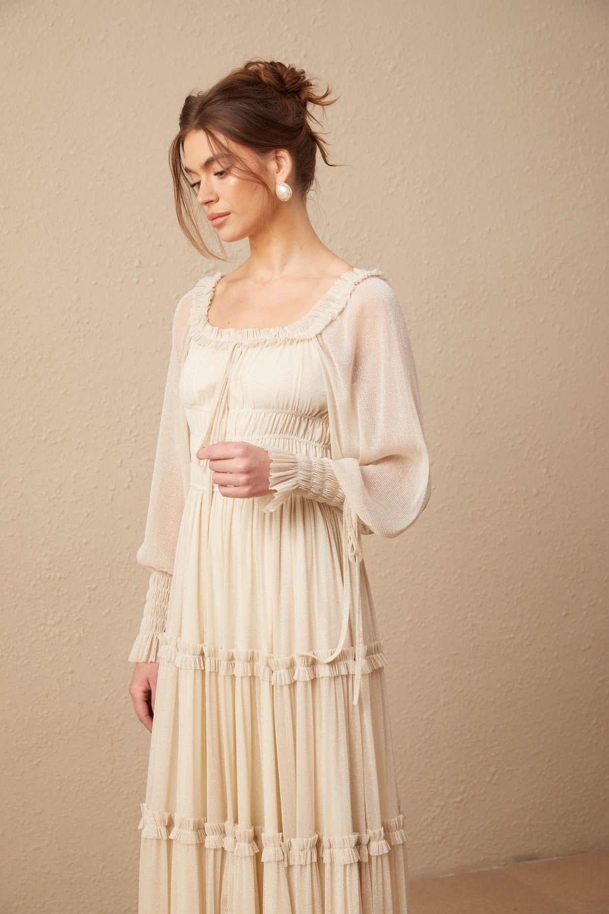 Camille pleated shirred metallic midi dress