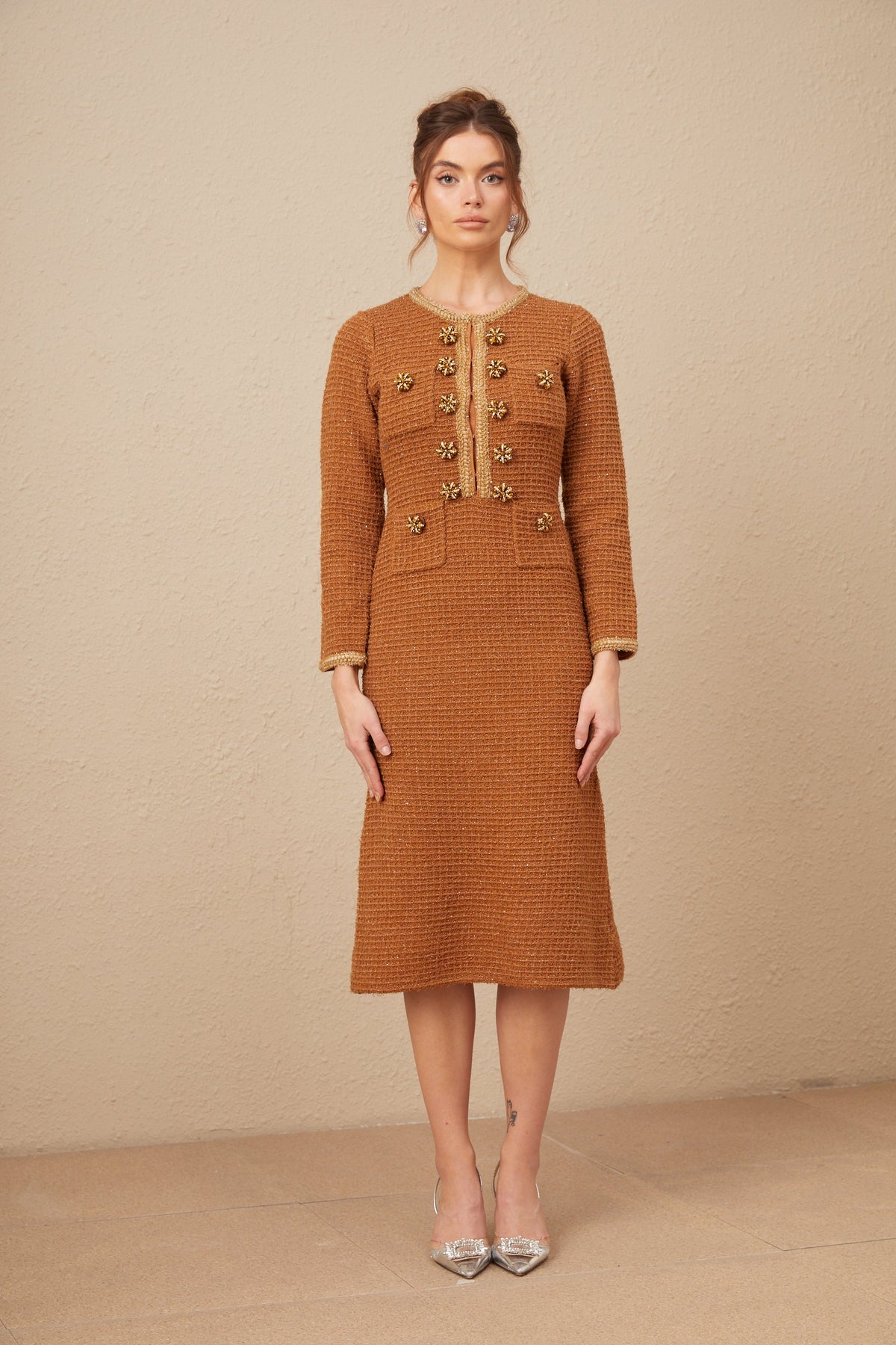 Epona brown braided-edge tweed dress