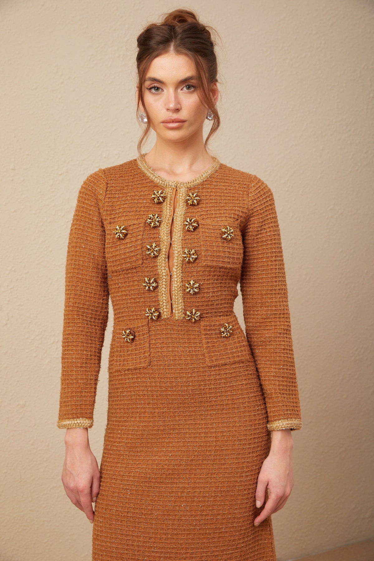 Epona brown braided-edge tweed dress