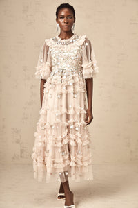 Kévina floral-embroidered tiered ruffled midi dress