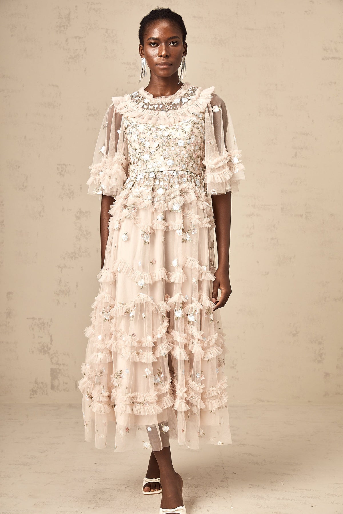 Kévina floral-embroidered tiered ruffled midi dress