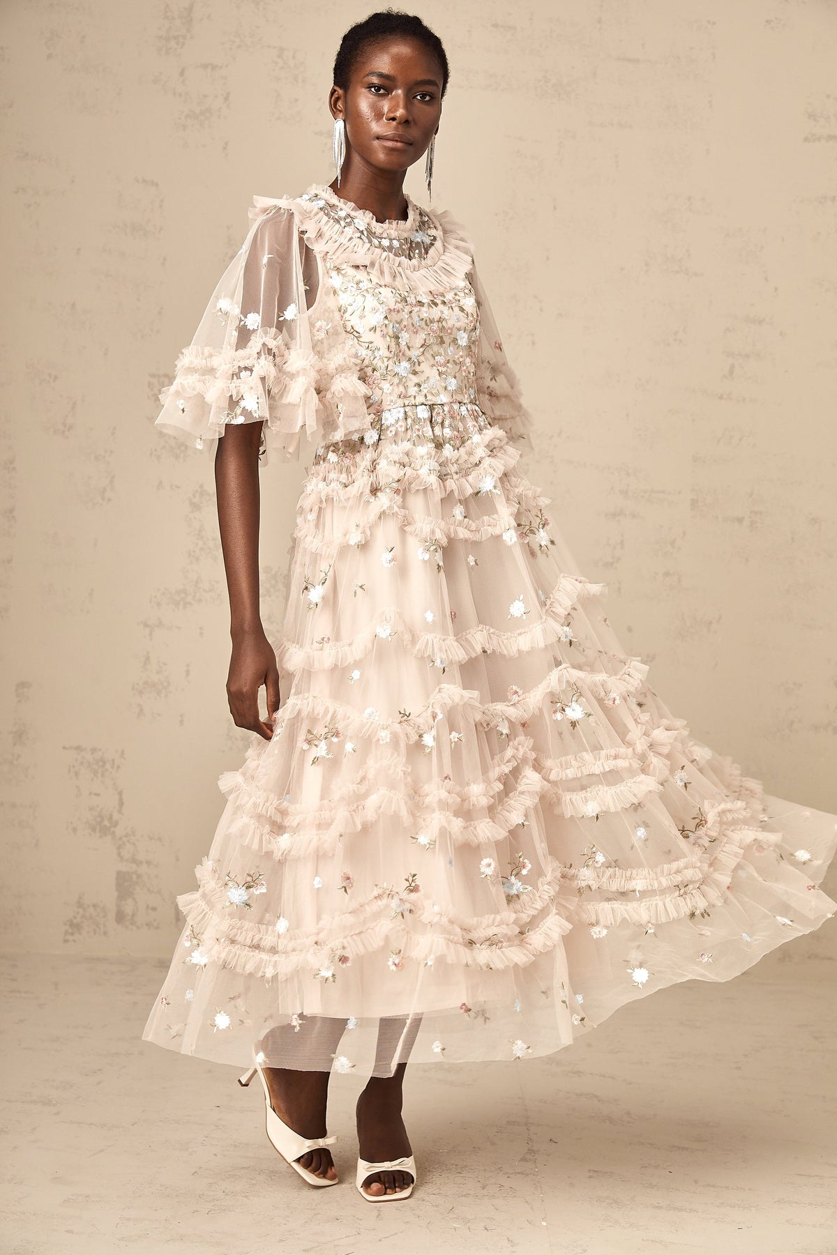 Kévina floral-embroidered tiered ruffled midi dress