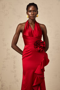 Letizia red halterneck 3d-petal ruffled maxi dress