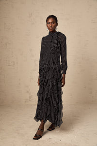 Coraline black polka-dot ruffled midi dress