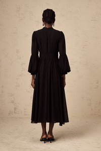 Viviane black pleated button-front midi dress