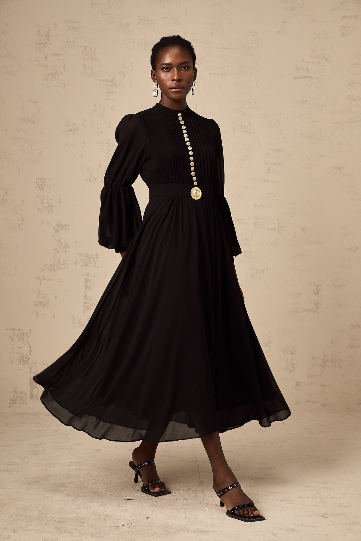 Viviane black pleated button-front midi dress
