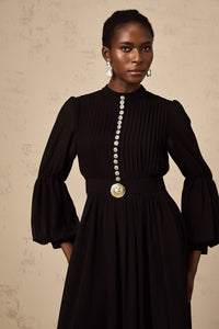 Viviane black pleated button-front midi dress