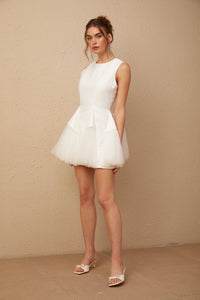 Assunta white puff tulle panelled mini dress
