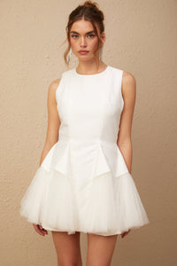 Assunta white puff tulle panelled mini dress