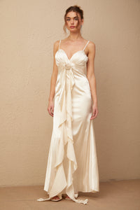 Filomena floral-appliqué corset satin maxi dress