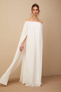 Patrizia white cape-design draped tulle maxi dress