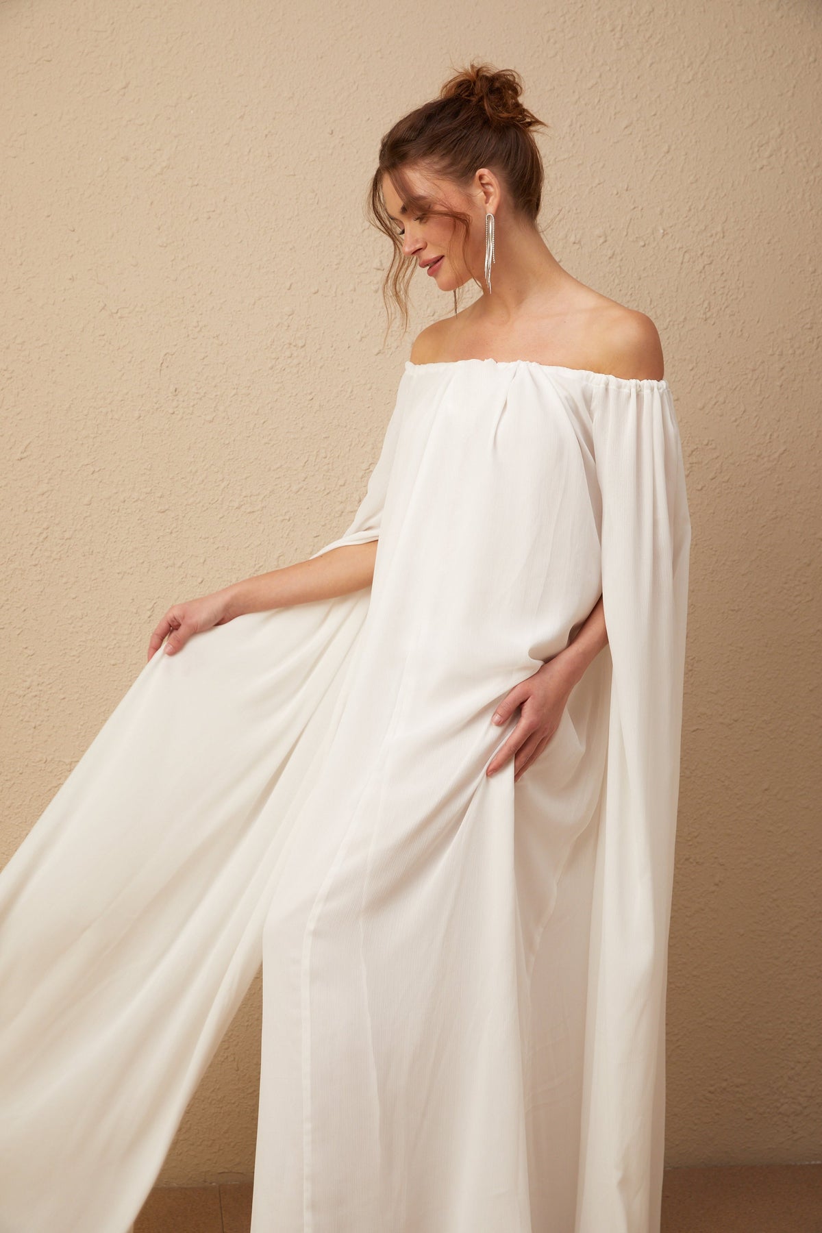 Patrizia white cape-design draped tulle maxi dress