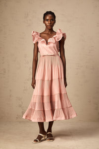 Valentina coral-pink pleated frilled midi dress