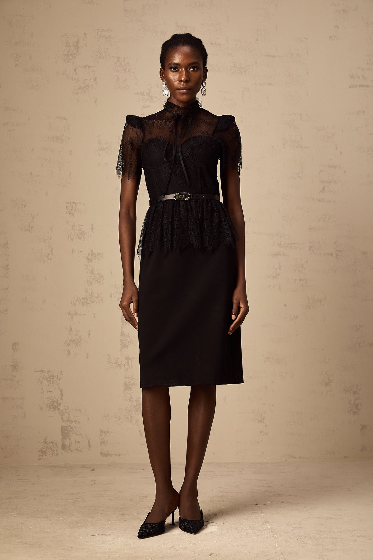 Thérèse black guipure-lace panelled midi dress (Without belt)