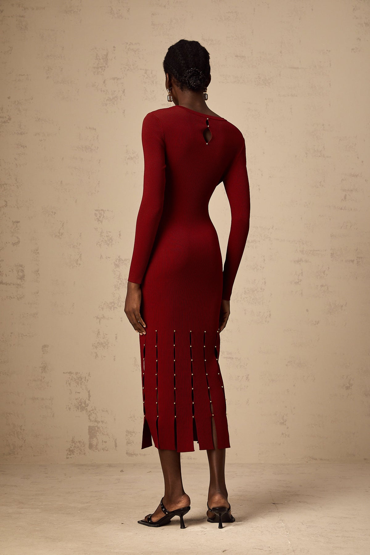 Hilaire red beaded long-sleeve cut-out knit midi dress