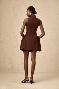 Dora brown asymmetrical-neck puff mini dress
