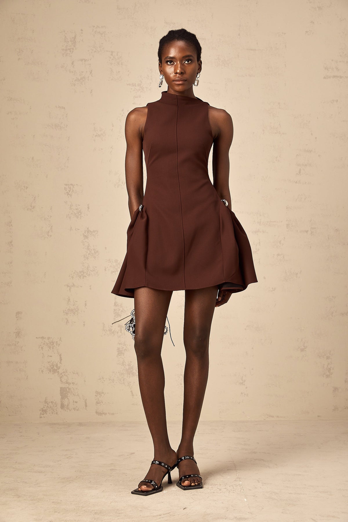 Dora brown asymmetrical-neck puff mini dress