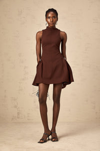 Dora brown asymmetrical-neck puff mini dress